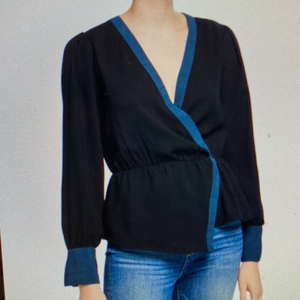 BCBG Max Azria ContrastBlack/Aqua  Wrap Top Peplum Blouse